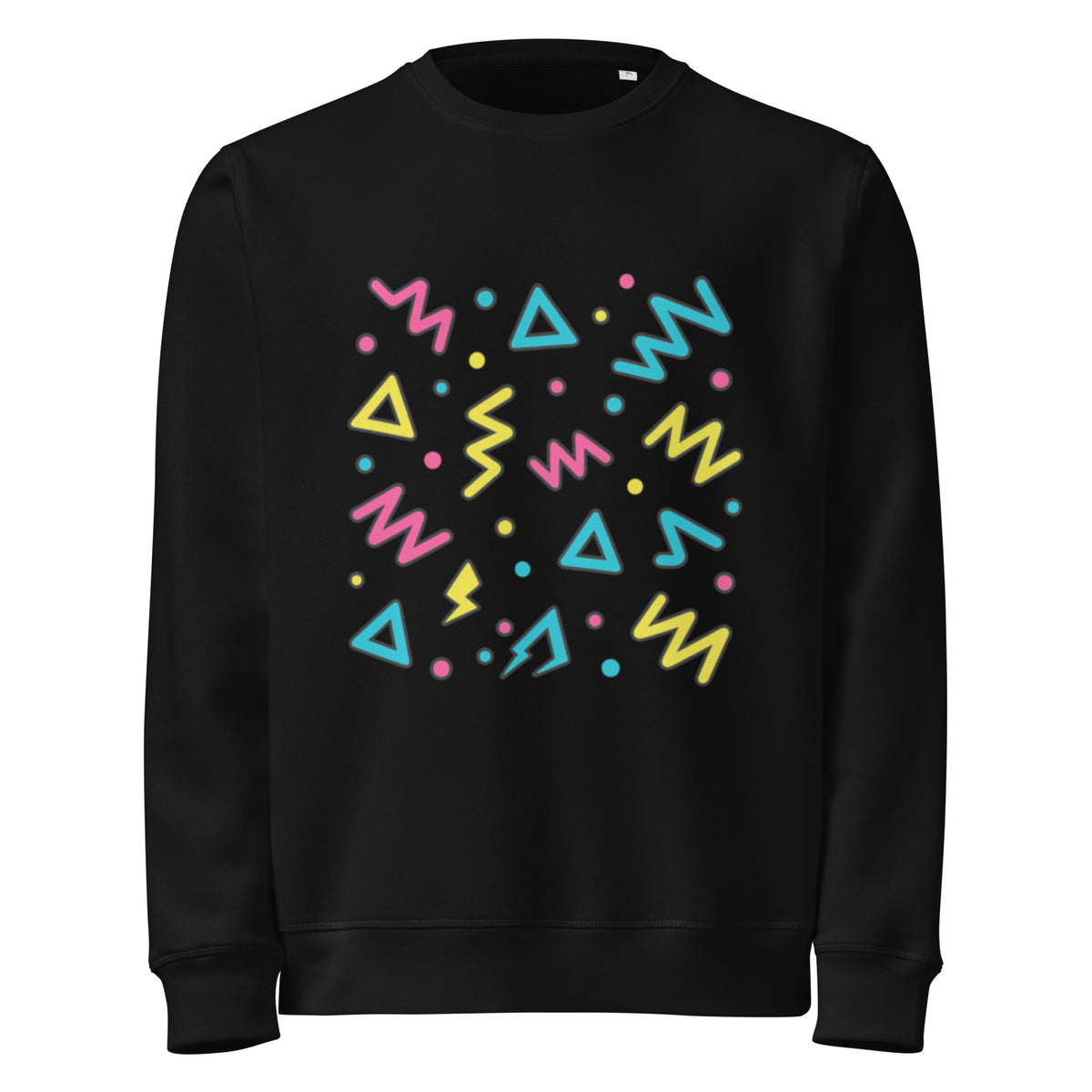 Black sweatshirt with colorful geometric pattern on a white background