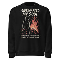 Black sweatshirt with graphic design and text on a white background