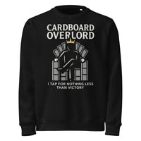 Black sweatshirt with 'Cardboard Overlord' graphic and text on a white background