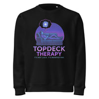 Black sweatshirt with 'Topdeck Therapy' graphic and text on a white background
