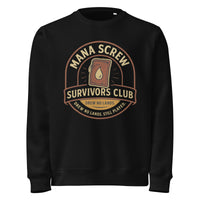 Black sweatshirt with 'Mana Screw Survivors Club' graphic on a white background