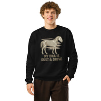 Person wearing a black sweatshirt with a horse skeleton design and text on a white background