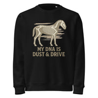 Black sweatshirt with horse skeleton graphic and text on a white background