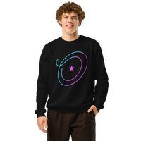 Person wearing a black sweatshirt with a colorful design on a white background