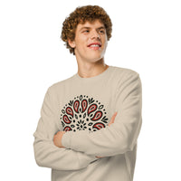 Man wearing a beige long-sleeve shirt with a black and red pattern on a white background