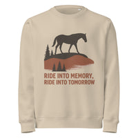 Beige sweatshirt with horse graphic and text 'Ride into memory, ride into tomorrow' on a white background