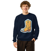 Person wearing a navy blue sweatshirt with a yellow boot graphic on a white background
