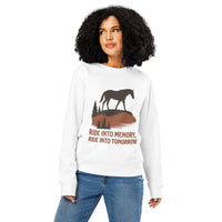 Woman wearing a white sweatshirt with a horse graphic and text on a white background