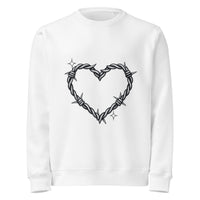 White sweatshirt with a black barbed wire heart design on a white background
