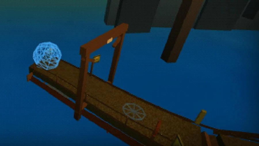VOLTHAVEN 64 running: a wireframe shield sphere beside a rail platform receding over water, with hanging structures above.